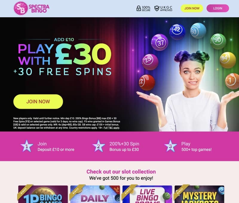 Screenshot of the Spectra Bingo offer